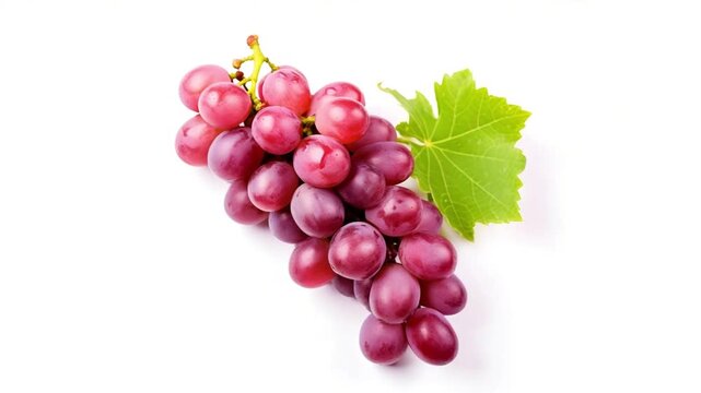 A bunch of red grapes isolated on white background, with a green leaf