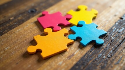 Fototapeta premium Colorful Puzzle Pieces Interlocking on Rustic Wooden Surface Representing Teamwork and Collaboration