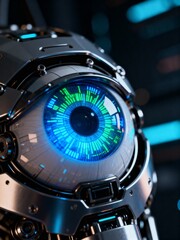 A macro close-up of a high-tech robotic eye with a glowing blue and green digital iris.
