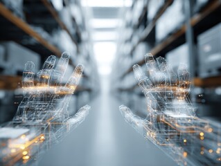 supply warehousing cost. Digital hands reaching out in a futuristic, automated warehouse environment.
