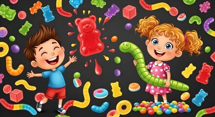 gummy candy jelly sugar sweets splash with happy cartoon boy and girl kids illustration