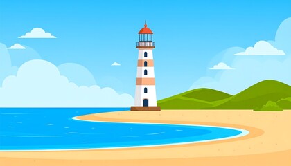 A coastal scene featuring a lighthouse, sandy beach, ocean, grassy hills, and blue sky with clouds