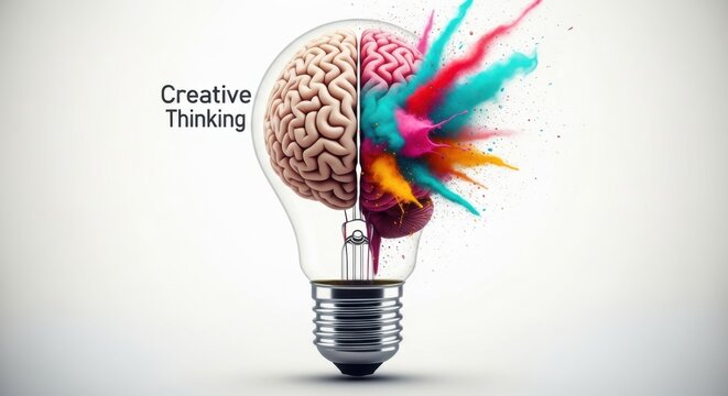 Creative thinking concept represented by a lightbulb merging with a human brain, exploding with vibrant colors, isolated on white background