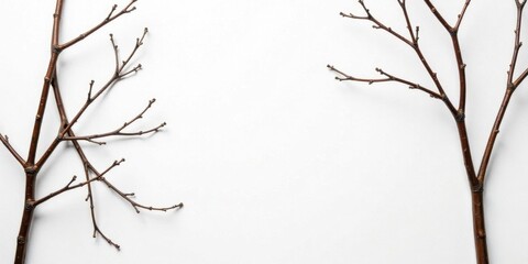 Minimalist arrangement of bare branches on a white backdrop, showcasing natural textures and simplistic elegance for design inspiration.