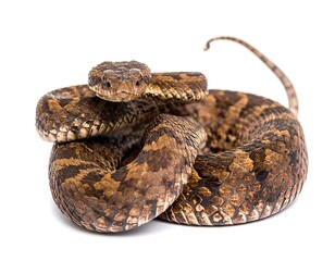 Obraz premium A coiled brown and tan reptile with a diamond pattern, facing forward, isolated on white