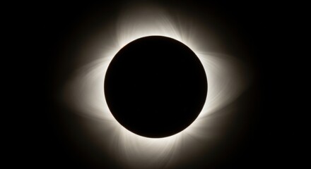 A total solar eclipse showing the suns corona radiating outwards from the dark silhouette of the moon against a black sky