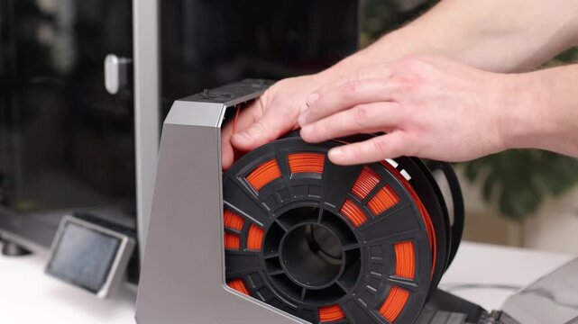 Inserting an orange filament spool into a 3D printer holder, concept of preparing printing material such as PLA, ABS, PETG, or TPU for additive manufacturing.