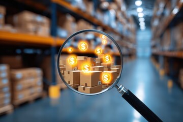 supply warehousing cost. Magnifying glass reveals dollar signs over boxes in a warehouse setting.