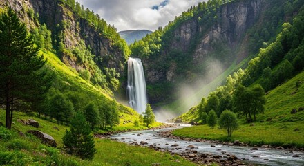 Discover the Serene Beauty of a Majestic Waterfall Flowing Through Lush Green Mountains, a Breathtaking Scene for Nature Lovers and Adventure Seekers Alike, Inspiring Peace and Wonder