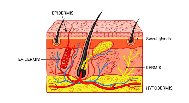 A detailed 2D illustration of human skin anatomy on a white background, showing layers of epidermis, dermis, and hypodermis with labeled components.