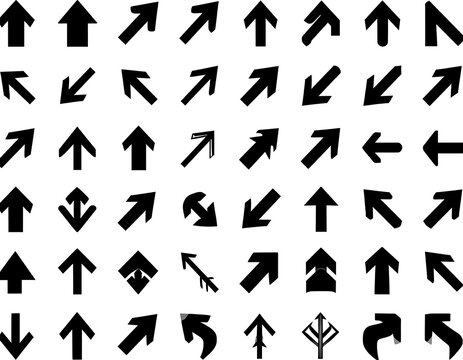 A collection of black directional arrows in varied sizes and orientations