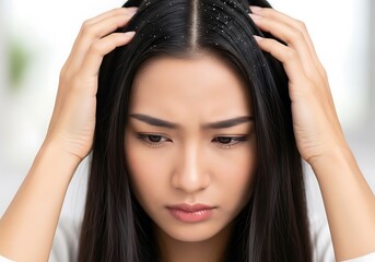 Fototapeta premium Woman with dark hair and dandruff scalp white flakes
