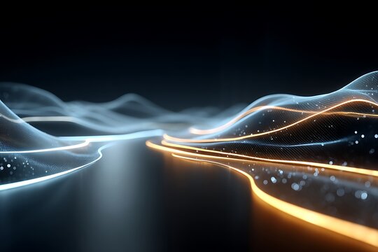 Abstract digital landscape with glowing neon light pathways representing data flow and technological advancement in a dark futuristic setting