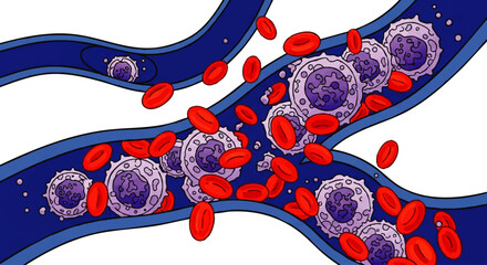 2D illustration of red blood cells and white blood cells flowing through a blue vein on a white background.