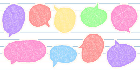 Hand drawn sketch style speech balloons, crayon comic doodle frames on lined notebook background, chalk pencil vector illustration ideal for digital and print creative projects