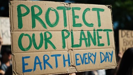 A protest sign with the message Protect Our Planet held at a climate change rally. Close-up of a handmade cardboard placard at an environmental demonstration. Activism and conservation concept