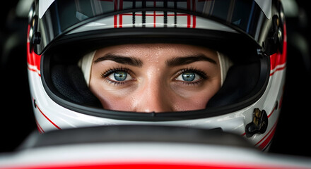 The female race car driver is focused, ready to start and win the race as she sits inside the car during the competition