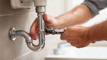 Repairing a sink pipe using a wrench in a modern bathroom during the day