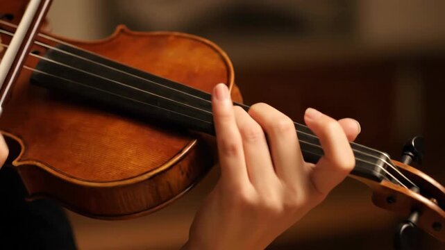 Close-up of a musician's hands playing a classical violin. A violinist practices fingering techniques on the strings of a wooden instrument