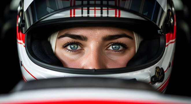The female race car driver is focused, ready to start and win the race as she sits inside the car during the competition