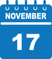 November 17 Calendar Icon Design. Blue and White Vector illustrations. Appointment reminder, holiday, and scheduling graphic element