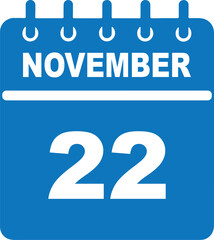 November 21 Calendar Icon Design. Blue and White Vector illustrations. Appointment reminder, holiday, and scheduling graphic element