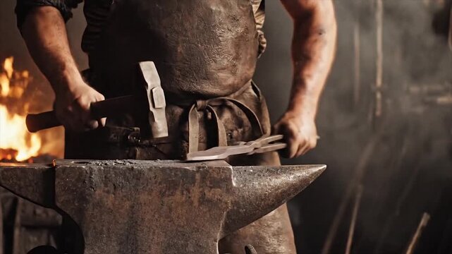 Blacksmith at Work Crafting Metal with Fire and Hammer.