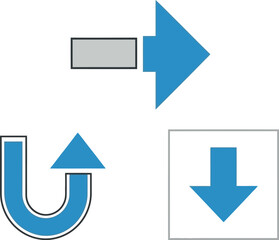 Collection of direction arrows including right next turn and down symbols in blue and gray
