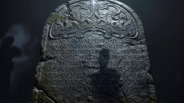 Ancient runic stone with mystical shadows animation. History of extinct civilizations and forgotten cultures. Archeological discovery footage.