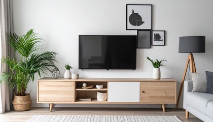 Modern Living Room with TV on White Wall and Wood Media Console