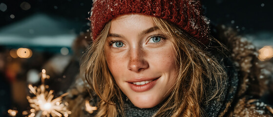 Portrait of smiling woman with sparkler in winter holiday celebration