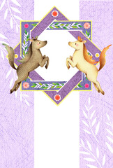 白馬と黒馬の紋章風の2026年の年賀状　手描き色鉛筆画