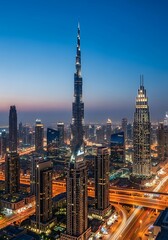 Naklejka premium Iconic Dubai cityscape at Blue Hour featuring the illuminated Burj Khalifa and long exposure light trails from highway traffic
