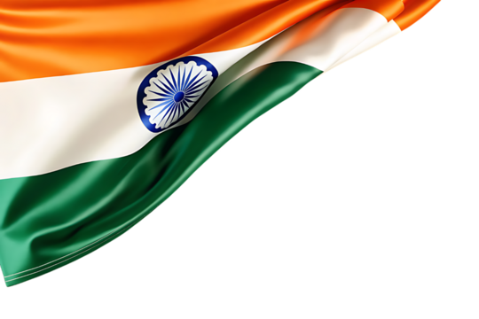Close up of the indian flag with saffron white and green stripes and the ashoka chakra emblem against a black background