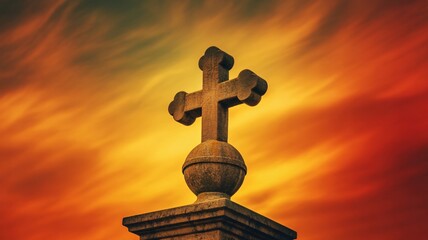 Christian cross silhouette against a fiery sunset sky background