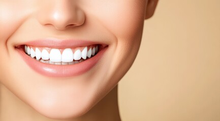 Fototapeta premium Young woman smiling, displaying perfect white teeth and healthy gums. Concepts of dental health, beauty, and oral care