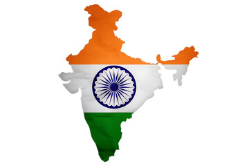 Outline map of india filled with the vibrant colors of the indian national flag against a stark black background