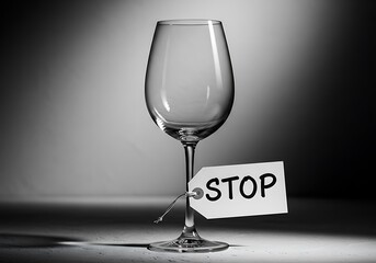 Empty wine glass with stop tag alcohol sobriety