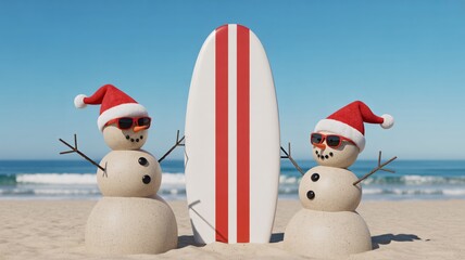 Christmas snowmen surfing on beach holiday vacation santa hats sun