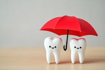 Two happy teeth figurines standing together, shielded by a red umbrella, symbolizing dental health protection and insurance