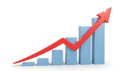 Upward trending bar graph with a red arrow indicating growth
