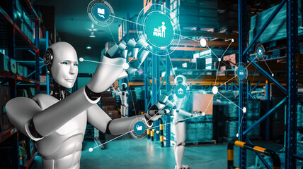 Innovative industry robot working in warehouse for human labor replacement . Concept of artificial...