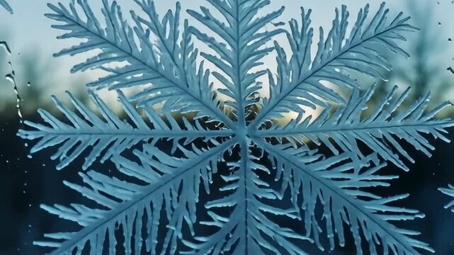 Delicate snowflakes gently falling against a glass window creating a magical winter wonderland scene with blurred lights and a calming peaceful atmosphere