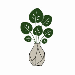 Geometric Vase with Monstera Leaves, Minimal Botanical Line Art Vector
