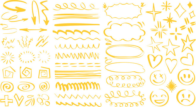 Vintage gold doodle underline emphasis scribble marker calligraphic vector set of wheat ears border and label design element