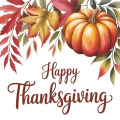 Happy thanksgiving text with pumpkin and autumn leaves, isolated on white background