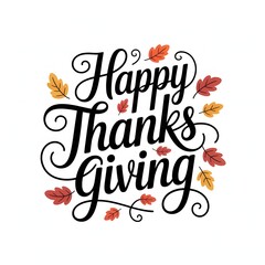 Fototapeta premium Happy thanksgiving lettering with autumn leaves, isolated on white background