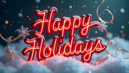 Festive red neon sign spelling happy holidays glows brightly on a bed of soft snow with falling snowflakes and gold ribbon