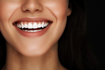 Obraz premium Woman displaying perfect white teeth and a beautiful smile, highlighting dental health, happiness, and beauty