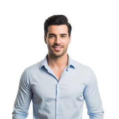A smiling young adult man with dark hair and a light blue collared shirt looking directly at the viewer isolated on transparent background
